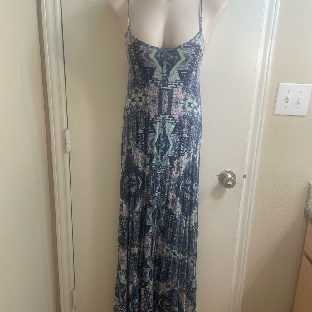 VENUS Navy and Green Aztec Print Spaghetti Strap Maxi Dress